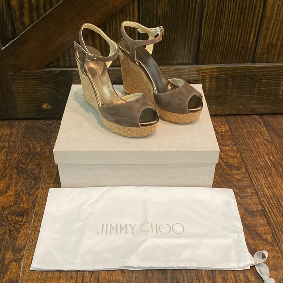 Jimmy Choo Perla Suede/Cork Wedge Sandal Pecan 37/7 NIB - Picture 10 of 11
